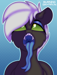 Size: 3000x4000 | Tagged: safe, artist:jacqueling, imported from derpibooru, oc, oc only, oc:jack sunshine, changeling, changeling oc, fangs, green eyes, long tongue, male, mawshot, open mouth, solo, throat, tongue out