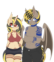 Size: 3500x4000 | Tagged: safe, imported from derpibooru, oc, oc only, oc:ree, oc:rii, anthro, bat pony, unguligrade anthro, unicorn, abs, bra, clothes, fangs, female, male, male nipples, nipples, nudity, shorts, simple background, transparent background, tribal markings, underwear