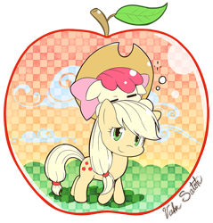 Size: 814x850 | Tagged: safe, artist:banzatou, imported from derpibooru, apple bloom, applejack, earth pony, pony, adorabloom, apple bloom riding applejack, chibi, cute, female, filly, jackabetes, mare, sleeping