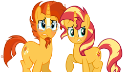 Size: 3388x1924 | Tagged: safe, artist:amelia-bases, artist:winter-scarf, imported from derpibooru, sunburst, sunset shimmer, pony, unicorn, equestria girls, base used, blushing, brother and sister, duo, facial hair, female, glasses, goatee, headcanon, male, mare, missing accessory, raised hoof, siblings, similarities, simple background, stallion, sunburst's glasses, sunny siblings, transparent background