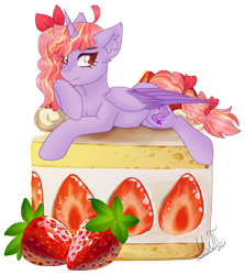 Size: 2070x2316 | Tagged: safe, artist:greenmarta, imported from derpibooru, oc, oc only, alicorn, pony, alicorn oc, cake, commission, commissioner:aurplestarss, female, food, high res, horn, lying down, ponies in food, prone, simple background, solo, strawberry, transparent background, wings, ych result