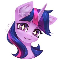 Size: 1500x1500 | Tagged: safe, artist:inowiseei, imported from derpibooru, twilight sparkle, pony, bust, collaboration, collaboration:too many twilight, ear fluff, eyebrows, eyebrows visible through hair, female, horn, lip bite, looking at you, portrait, simple background, solo, sparkly eyes, white background, wingding eyes