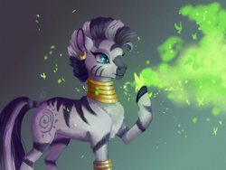 Size: 1600x1200 | Tagged: safe, artist:alina-sherl, imported from derpibooru, zecora, butterfly, pony, zebra, bracelet, ear piercing, earring, female, gradient background, jewelry, magic, mare, piercing, solo