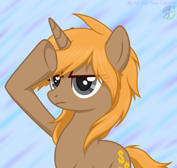 Size: 4200x4000 | Tagged: safe, artist:108-zeroforce, artist:starshade, imported from derpibooru, oc, oc only, oc:kylezee, pony, unicorn, base used, blue background, brown body, commission, female, gradient background, gray eyes, heart eyes, mare, rainbow dash salutes, salute, simple background, solo, wingding eyes, ych result