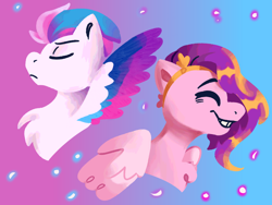 Size: 1280x960 | Tagged: safe, artist:eggishponts, imported from derpibooru, pipp petals, zipp storm, pegasus, pony, bust, duo, duo female, eyes closed, female, g5, gradient background, mare, my little pony: a new generation, portrait, siblings, sisters, wings