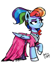 Size: 1091x1298 | Tagged: safe, artist:ami-gami, imported from derpibooru, rainbow dash, pegasus, pony, sparkle's seven, alternate hairstyle, clothes, dress, ear piercing, earring, eyeshadow, female, jewelry, makeup, mare, megaradash, piercing, rainbow dash always dresses in style, simple background, solo, white background