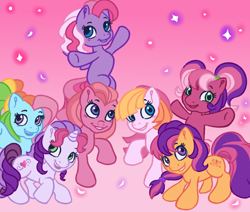 Size: 1280x1086 | Tagged: safe, artist:eggishponts, imported from derpibooru, cheerilee (g3), pinkie pie (g3), rainbow dash (g3), scootaloo (g3), starsong, sweetie belle (g3), toola roola, earth pony, pegasus, pony, unicorn, core seven, cute, female, g3.5, gradient background, group, mare, simple background, smiling, sparkles