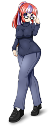 Size: 1280x3113 | Tagged: safe, artist:conrad-hauser, imported from twibooru, moondancer, human, breasts, busty moondancer, clothes, glasses, humanized, image, jeans, pants, png, shoes, simple background, sweater, transparent background