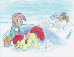 Size: 1024x794 | Tagged: safe, artist:nightshadow154, imported from derpibooru, apple bloom, babs seed, scootaloo, sweetie belle, earth pony, pegasus, pony, unicorn, clothes, glow, glowing horn, hat, horn, magic, scarf, snow, snowball, snowball fight, telekinesis, traditional art, winter