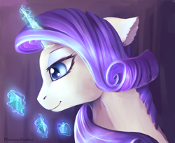 Size: 2780x2264 | Tagged: safe, artist:platinumfeather2002, deleted from derpibooru, imported from twibooru, rarity, pony, banned from derpibooru, bust, diamond, glowing horn, horn, image, magic, png, portrait, signature, smiling, solo, telekinesis