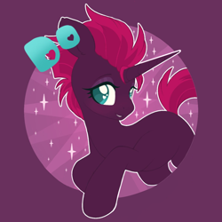 Size: 1200x1200 | Tagged: safe, alternate version, artist:pxper_wing, edit, imported from ponybooru, tempest shadow, pony, unicorn, cute, female, fixed horn, horn, mouthpiece, pink mane, pink tail, purple coat, simple background, sparkles, teal eyes, tempestbetes