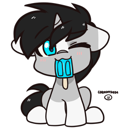Size: 1969x2000 | Tagged: safe, artist:cottonsweets, imported from derpibooru, oc, oc only, oc:cyan delta, pony, unicorn, commission, cute, floppy ears, food, male, one eye closed, popsicle, redesign, solo, ych result