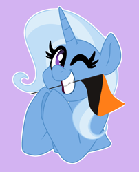 Size: 1280x1587 | Tagged: safe, artist:bobaratblast, edit, editor:edits of hate, editor:unofficial edits thread, imported from twibooru, trixie, pony, unicorn, bust, female, image, looking at you, mare, mouthpiece, one eye closed, png, solo, super straight, wink