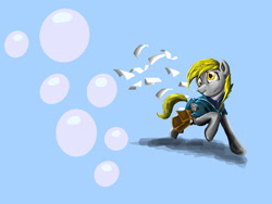 Size: 1024x768 | Tagged: safe, artist:d-lowell, derpy hooves, pegasus, pony, blue blackground, clothes, cutie mark, female, letter, mailbag, mare, running, smiling, solo, wings