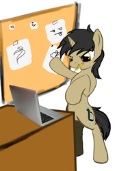 Size: 800x1036 | Tagged: safe, artist:d-lowell, oc, oc only, pony, unicorn, bipedal, computer, corkboard, femboy, horn, laptop computer, male, mouth hold, pencil, simple background, solo, stallion, white background