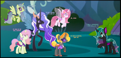 Size: 5288x2556 | Tagged: safe, artist:amicasecretuwu, imported from derpibooru, oc, oc:daylight lily, oc:diamond elytra, oc:sugarberry, changedling, changeling, changepony, hybrid, interspecies offspring, offspring, parent:nightmare rarity, parent:princess celestia, parent:queen chrysalis, parent:thorax, parents:thoralestia