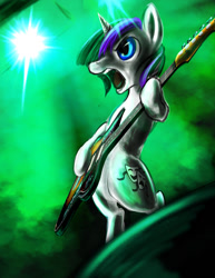 Size: 1020x1320 | Tagged: safe, artist:d-lowell, oc, oc only, pony, unicorn, bipedal, concert, electric guitar, guitar, horn, male, musical instrument, open mouth, solo, stage, stallion, unicorn oc