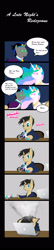 Size: 600x2800 | Tagged: safe, artist:d-lowell, king sombra, princess celestia, oc, alicorn, pony, unicorn, celestibra, clothes, comic, computer, crown, dialogue, embarrassed, female, femboy, hoodie, horn, jewelry, laptop computer, male, mare, onomatopoeia, peytral, playing with toys, regalia, robe, shipping, sound effects, stallion, straight, wings