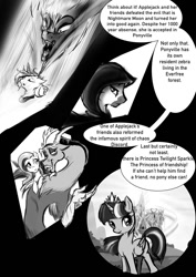 Size: 1063x1500 | Tagged: safe, artist:d-lowell, discord, fluttershy, nightmare moon, princess luna, twilight sparkle, zecora, alicorn, draconequus, pegasus, pony, zebra, comic:it's not my fault i'm a horse, cloak, clothes, comic, crown, dialogue, female, hood, horn, jewelry, male, mare, monochrome, regalia, twilight sparkle (alicorn), wings