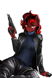 Size: 1000x1500 | Tagged: safe, artist:d-lowell, oc, oc only, oc:scarlet, anthro, earth pony, clothes, female, gun, jacket, knife, looking at you, pants, simple background, smiling, solo, sweater, turtleneck, weapon, white background