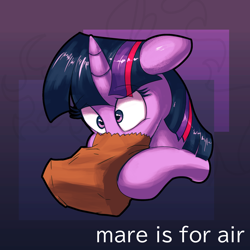 Size: 2000x2000 | Tagged: safe, artist:vultraz, twilight sparkle, pony, unicorn, bag, featured image, female, hyperventilating, mare, mare is for air, paper bag