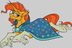 Size: 1889x1254 | Tagged: safe, artist:mechanakal, imported from derpibooru, sunburst, pony, unicorn, brooch, cape, chest fluff, clasp, cloak, clothes, glasses, gray background, jewelry, lying down, male, prone, simple background, solo, sunburst's brooch, sunburst's cloak, sunburst's glasses, unshorn fetlocks