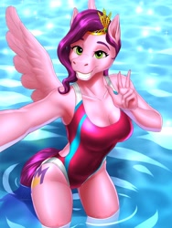 Size: 3072x4096 | Tagged: safe, artist:mykegreywolf, imported from derpibooru, pipp petals, anthro, pegasus, breasts, cleavage, clothes, female, g5, looking at you, my little pony: a new generation, one-piece swimsuit, peace sign, selfie, solo, solo female, swimsuit, water