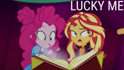 Size: 1280x720 | Tagged: safe, edit, edited screencap, editor:quoterific, imported from derpibooru, screencap, pinkie pie, sunset shimmer, equestria girls, equestria girls series, sunset's backstage pass!, spoiler:eqg series (season 2), book, duo, duo female, female, frown, geode of sugar bombs, magical geodes, open mouth