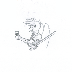 Size: 1451x1451 | Tagged: safe, artist:in3ds2, imported from derpibooru, oc, oc:kalimu, griffon, alcohol, clothes, glass, male, sword, traditional art, weapon, wine, wine glass