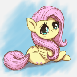 Size: 2500x2500 | Tagged: safe, artist:t72b, imported from derpibooru, fluttershy, pegasus, pony, both cutie marks, crossed legs, cute, daaaaaaaaaaaw, female, folded wings, gradient background, high res, looking at you, looking back, looking back at you, lying down, mare, prone, shyabetes, solo, turned head, wings