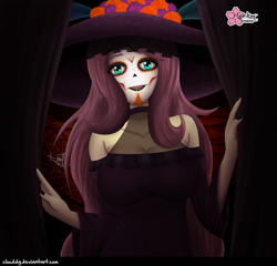 Size: 1043x1000 | Tagged: safe, artist:clouddg, imported from derpibooru, fluttershy, equestria girls, breasts, catrina (calavera garbancera), dia de los muertos, face paint, female, fluffy, looking at you, makeup, solo