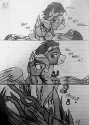 Size: 2746x3829 | Tagged: safe, artist:celestia2590, imported from derpibooru, rainbow dash, soarin', pegasus, pony, 3 panel comic, clothes, comic, female, high res, lined paper, male, marriage proposal, pencil drawing, shipping, soarindash, straight, traditional art, uniform, wonderbolts uniform