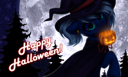 Size: 3300x2000 | Tagged: safe, artist:avrameow, imported from derpibooru, oc, oc only, oc:novus flux, unicorn, clothes, commission, costume, ear piercing, earring, female, freckles, full moon, halloween, halloween costume, hat, high res, holiday, jewelry, looking at you, moon, no source available, piercing, text, witch hat, ych result