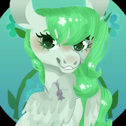 Size: 640x640 | Tagged: safe, artist:alabasterpeony, imported from derpibooru, oc, oc only, oc:sparrow gale, pegasus, pony, bust, commission, female, green mane, jewelry, mare, necklace, pegasus oc, portrait, solo