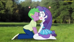 Size: 3640x2048 | Tagged: safe, artist:georgegarza01, imported from derpibooru, rarity, spike, equestria girls, barefoot, blushing, duo, feet, female, geode of shielding, grass, heart, high res, human spike, kiss on the lips, kissing, magical geodes, male, outdoors, rarity peplum dress, shipping, show accurate, sparity, story included, straight, surprise kiss, tree