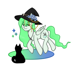 Size: 1100x1000 | Tagged: safe, artist:urlaifu, imported from derpibooru, oc, oc only, oc:sparrow gale, cat, pegasus, pony, commission, female, green mane, hat, jewelry, mare, necklace, pegasus oc, simple background, solo, white background, witch hat, ych result