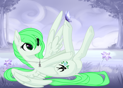 Size: 2364x1700 | Tagged: safe, artist:kawaiizhele, imported from derpibooru, oc, oc only, oc:sparrow gale, butterfly, pegasus, pony, commission, female, green mane, jewelry, mare, necklace, pegasus oc, solo, ych result