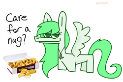 Size: 900x600 | Tagged: safe, artist:vommutt, imported from derpibooru, oc, oc only, oc:sparrow gale, pegasus, pony, chicken meat, chicken nugget, commission, female, food, green mane, jewelry, mare, meat, necklace, pegasus oc, shitposting, solo, ych result