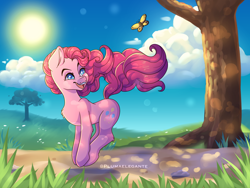 Size: 2400x1800 | Tagged: safe, artist:plumaelegante, imported from derpibooru, pinkie pie, butterfly, earth pony, pony, female, grass, mare, pronking, scenery, solo, sun, tree