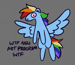 Size: 1280x1121 | Tagged: safe, artist:tezzbot, imported from derpibooru, rainbow dash, pegasus, pony, flying, gray background, shocked, simple background, solo, spread wings, vulgar, wings