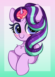 Size: 3314x4624 | Tagged: safe, artist:kittyrosie, imported from derpibooru, starlight glimmer, pony, unicorn, blushing, chest fluff, cute, donut, female, food, glimmerbetes, gradient background, heart eyes, high res, horn, horn impalement, looking at you, mare, smiling, smiling at you, solo, the uses of unicorn horns, wingding eyes