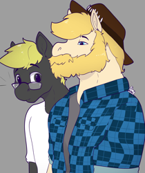 Size: 3463x4131 | Tagged: safe, artist:almond evergrow, imported from derpibooru, oc, oc:chase, oc:trestle, anthro, earth pony, beard, facial hair, hat, humor, meme, nordic gamer