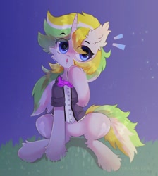 Size: 1472x1640 | Tagged: safe, artist:astralblues, imported from derpibooru, oc, oc only, oc:lemonswoosh, pony, unicorn, ambiguous gender, bowtie, clothes, ear fluff, looking at you, night, sitting, solo