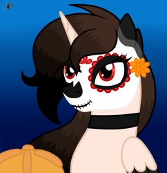 Size: 3000x3098 | Tagged: safe, artist:princessmoonsilver, imported from derpibooru, oc, oc only, oc:valeria-chan, alicorn, pony, cempasúchil, dia de los muertos, female, gradient background, high res, mare, pan de muerto, solo