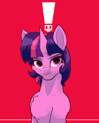 Size: 1400x1750 | Tagged: safe, artist:hc0, imported from derpibooru, twilight sparkle, pony, unicorn, chest fluff, exclamation point, female, horn, looking at you, mare, red background, simple background, solo, tongue out