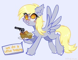 Size: 1794x1388 | Tagged: safe, artist:astralblues, imported from derpibooru, derpy hooves, pegasus, pony, blushing, cheek fluff, chest fluff, cupcake, ear fluff, female, fluffy, food, gun, mare, muffin, no pupils, open mouth, simple background, solo, speech bubble, trolling, weapon