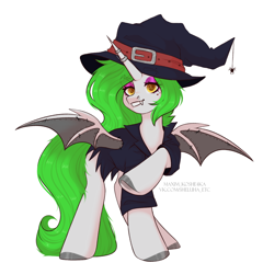 Size: 1390x1445 | Tagged: safe, artist:maximkoshe4ka, imported from derpibooru, oc, oc only, bat pony, pony, female, hat, mare, simple background, solo, white background, witch hat