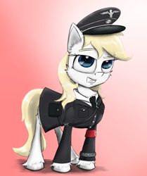 Size: 1500x1790 | Tagged: safe, artist:chopsticks, imported from derpibooru, oc, oc only, oc:aryanne, earth pony, pony, cheek fluff, chest fluff, clothes, comments locked down, derail in the comments, ear fluff, female, hat, mare, military uniform, nazi, nazi uniform, necktie, politics, politics in the comments, smiling, solo, totenkopf, uniform