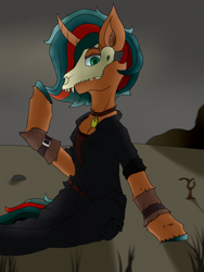 Size: 2448x3264 | Tagged: safe, artist:dvfrost, imported from derpibooru, oc, oc only, pony, unicorn, fallout equestria, fallout, high res, male, mask, pony oc, ponytail, skull, solo, stallion