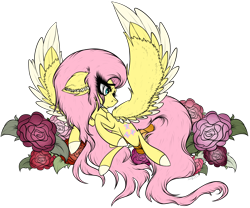 Size: 4060x3384 | Tagged: safe, alternate version, artist:beamybutt, imported from derpibooru, fluttershy, pegasus, pony, colored, ear fluff, female, flower, looking back, mare, rose, simple background, solo, transparent background, wings